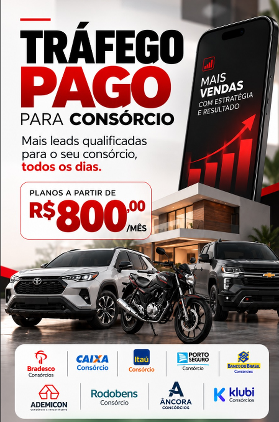 Arte da Carrera Marketing: tráfego pago para consórcio, planos a partir de R$ 800/mês, com smartphone, carro, casa e moto
